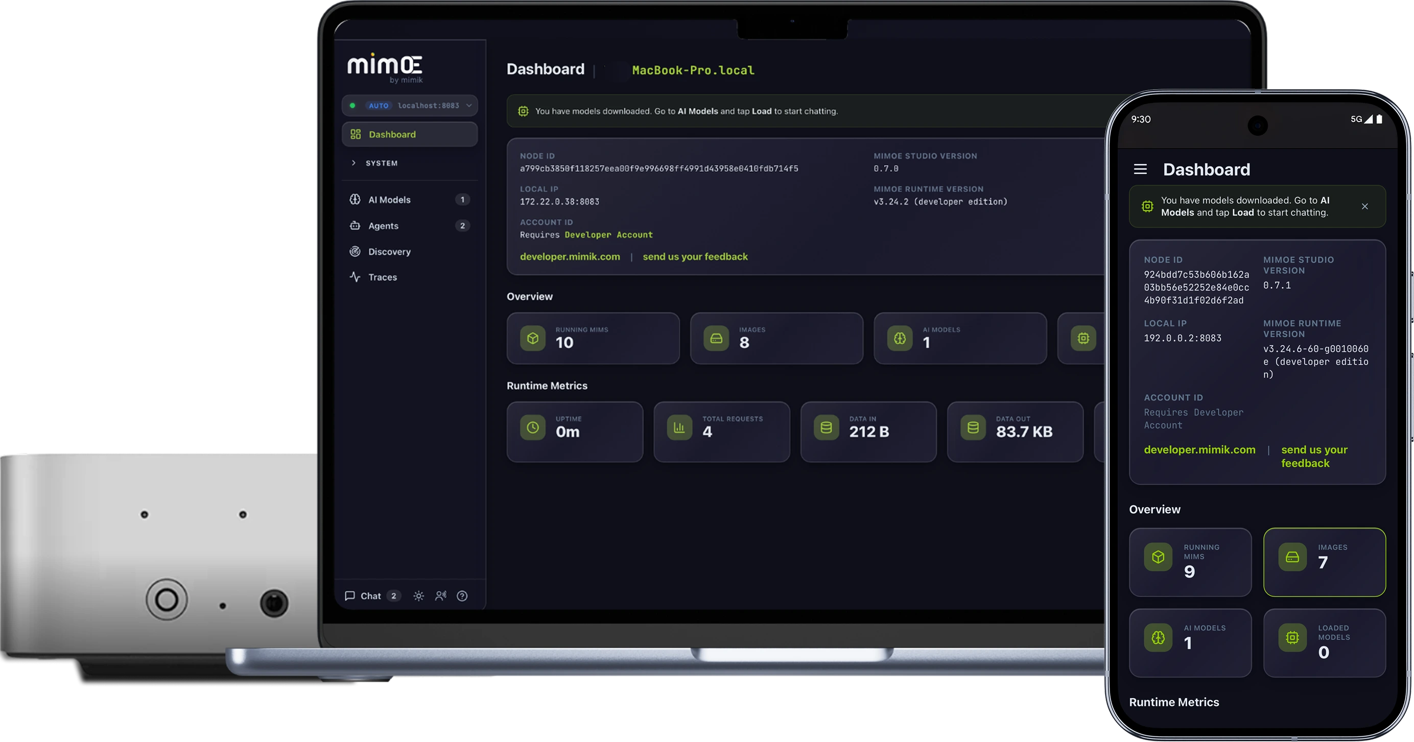 mimOE Studio dashboard on macOS, Windows, iOS and Android