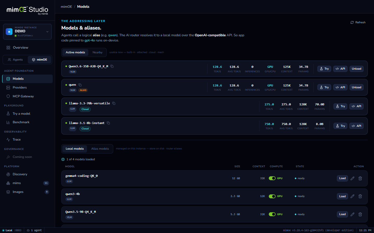 Models: active list, local store, aliases