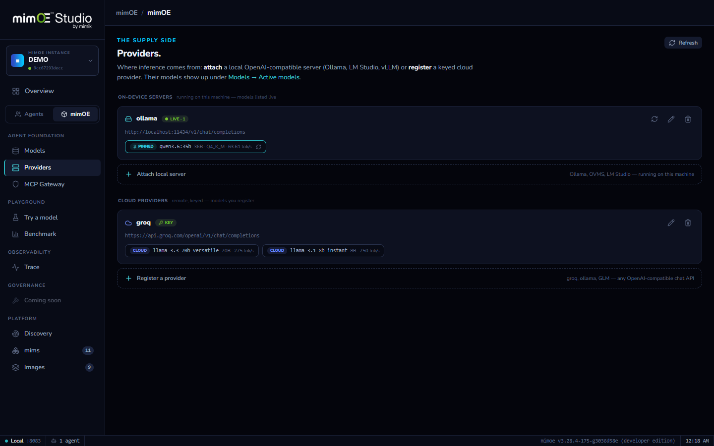 Providers: a live attached Ollama server and a keyed cloud provider