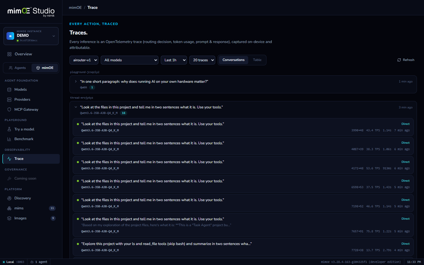 Trace: conversations view with an expanded exchange