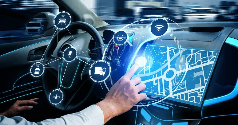 Automotive smart dashboard with tech overlays